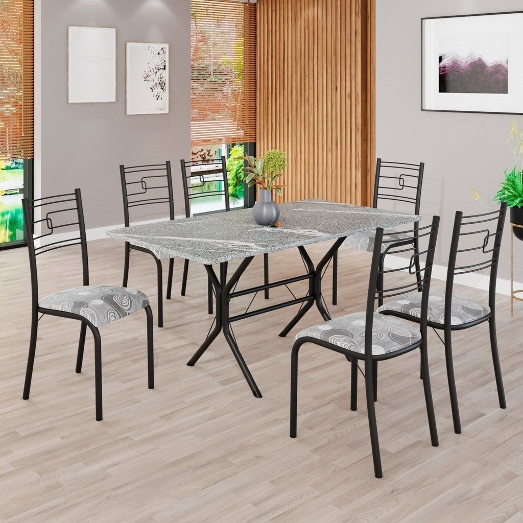 Conjunto Sala de Jantar Mesa Retangular 140x75cm Tampo Granito Topázio 6 Cadeiras Paraty Paraopeba/Preto