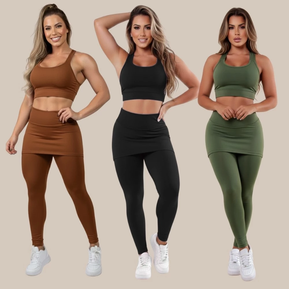 Kit 3 Conjuntos Calça Legging Saia Tapa Bumbum Roupas Femininas De Academia A15