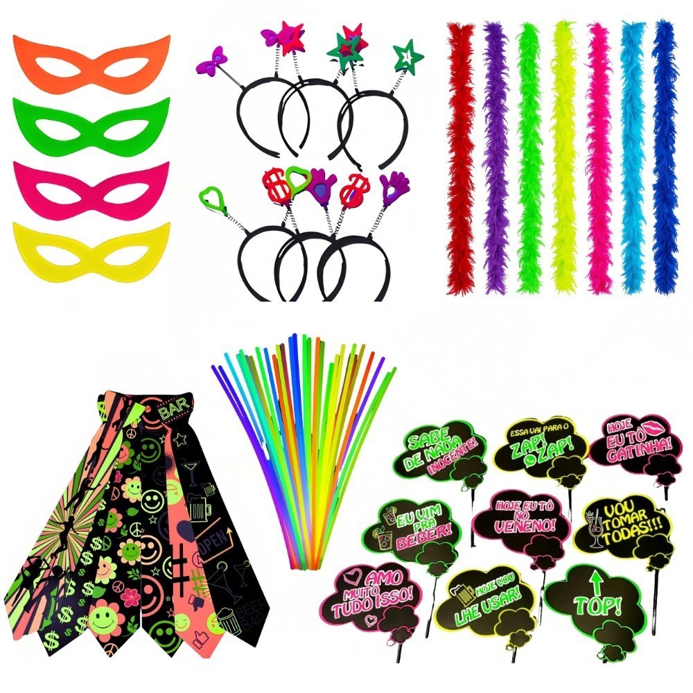 Kit Balada Festa Neon Casamento 150 Peças Pulseira, Máscaras, Tiaras, Gravatas, Plaquinhas, Marabus - Adereços Balada