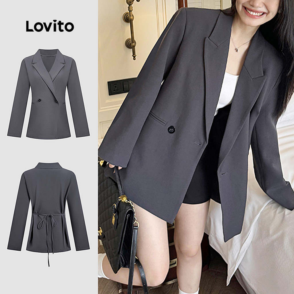 Lovito Casual Blazer Botão com Cadarço Outono/inverno Blazer Cinza para mulheres L166AD954 em Oferta na Shopee