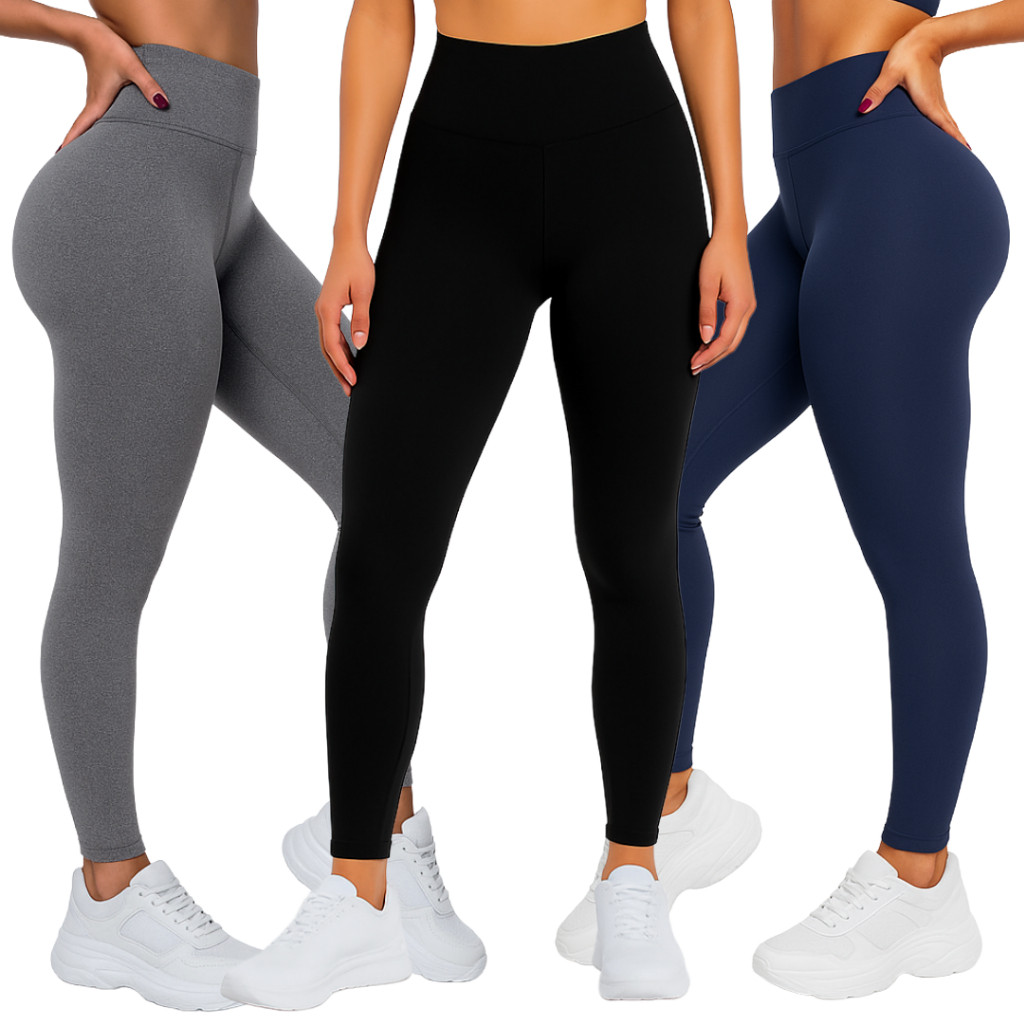 Kit 3 Calças Legging Feminina Academia Fitness Leg Cintura Alta Levanta Bumbum Zero Transparência Costura Reforçada