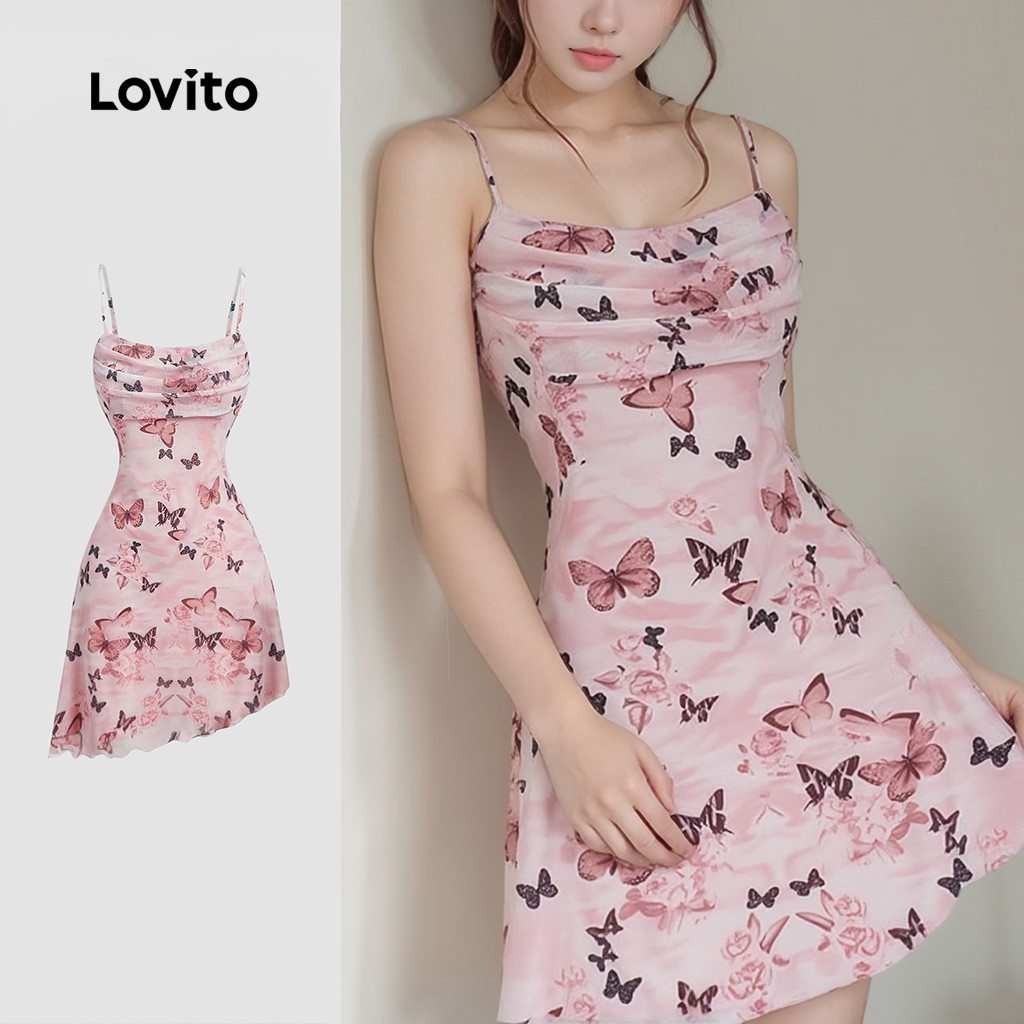 Detalhes do Lovito Vestido casual borboleta drapeado assimétrico alface para mulheres L177AD065