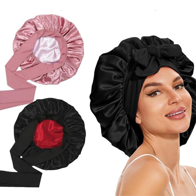 Touca de cetim de camada dupla, touca de cetim forrada de seda para dormir com faixa de amarração, toucas ajustáveis par