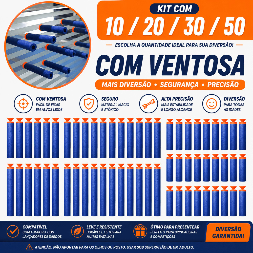 Kit 10/20/30/50 Refil de Dardos Com Ventosa Espuma Munição Recarga Refil Gruda Cola Vidro Nerf Balas Lançador