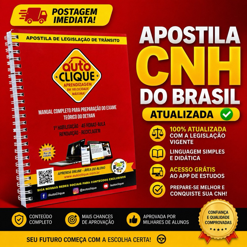 Apostila CNH Brasil Completa Legislação de Trânsito DETRAN Prova Teórica 1ª Habilitação Atualizada + APP DE ESTUDO