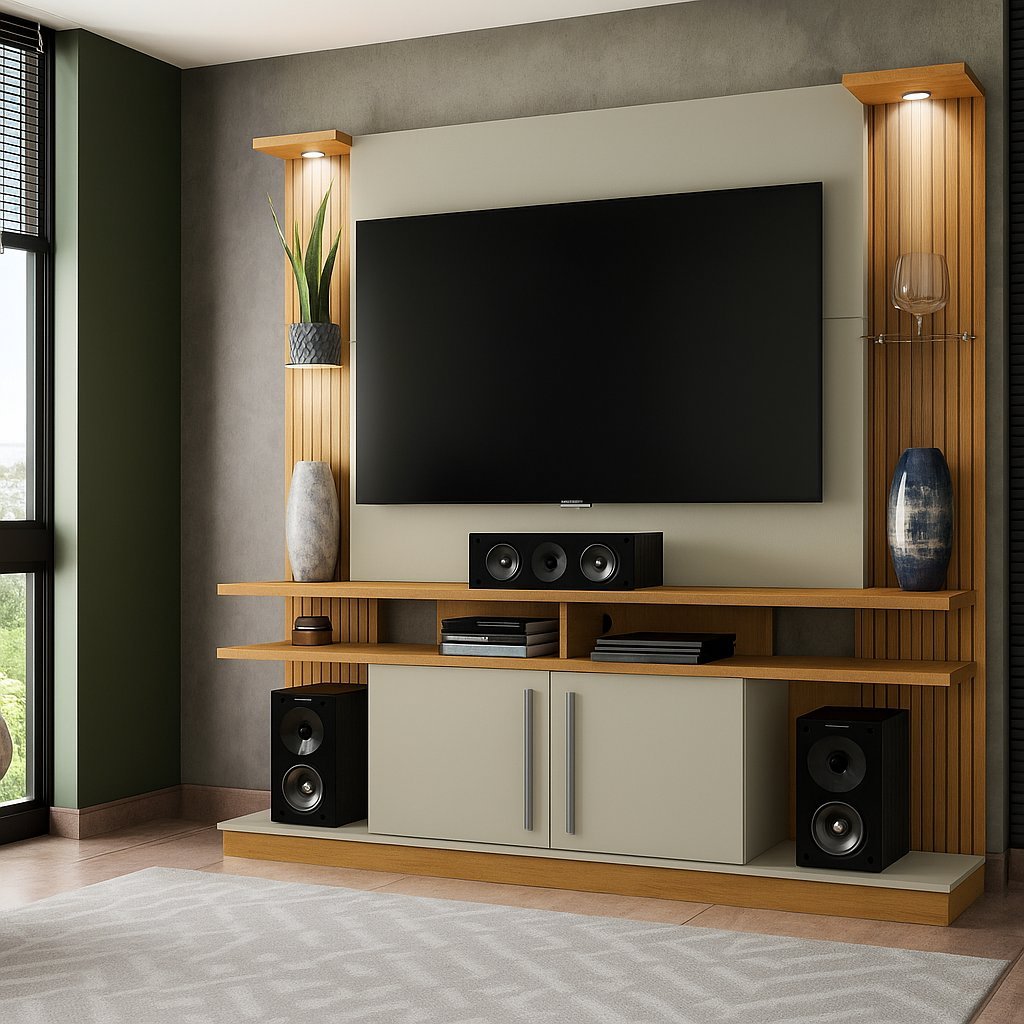 Estante Home para TV até 60 Polegadas 183cmx180cm com Led e Prateleiras de Vidro York Marrom Cinamomo/Off White/Ripado