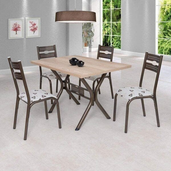 Conjunto de Mesa com 4 Cadeiras Luna Bege/Bronze/Geométrico