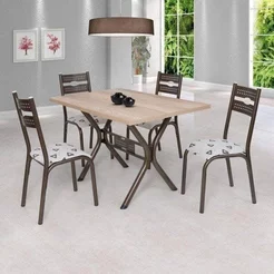 Conjunto de Mesa com 4 Cadeiras Luna Bege/Bronze/Geométrico