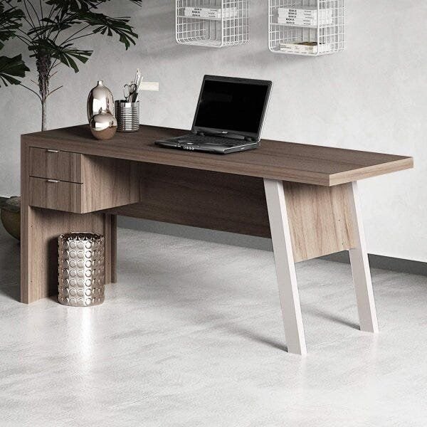 Escrivaninha Mesa Escritório ME4122 2 Gavetas 163cm Carvalho e Fendi Marrom Carvalho/Fendi