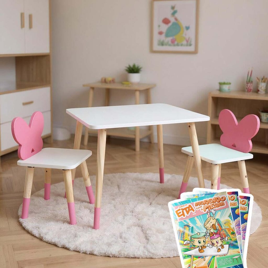 Mesa e 2 Cadeiras Infantil Borboletinha G Kit Livro Educativo