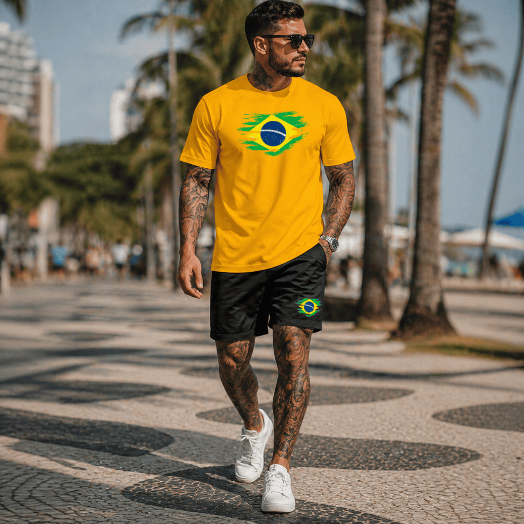 Kit Camiseta algodao e Short tectel Brasil Bandeira Streetwear Conjunto premium promoção de lançamento