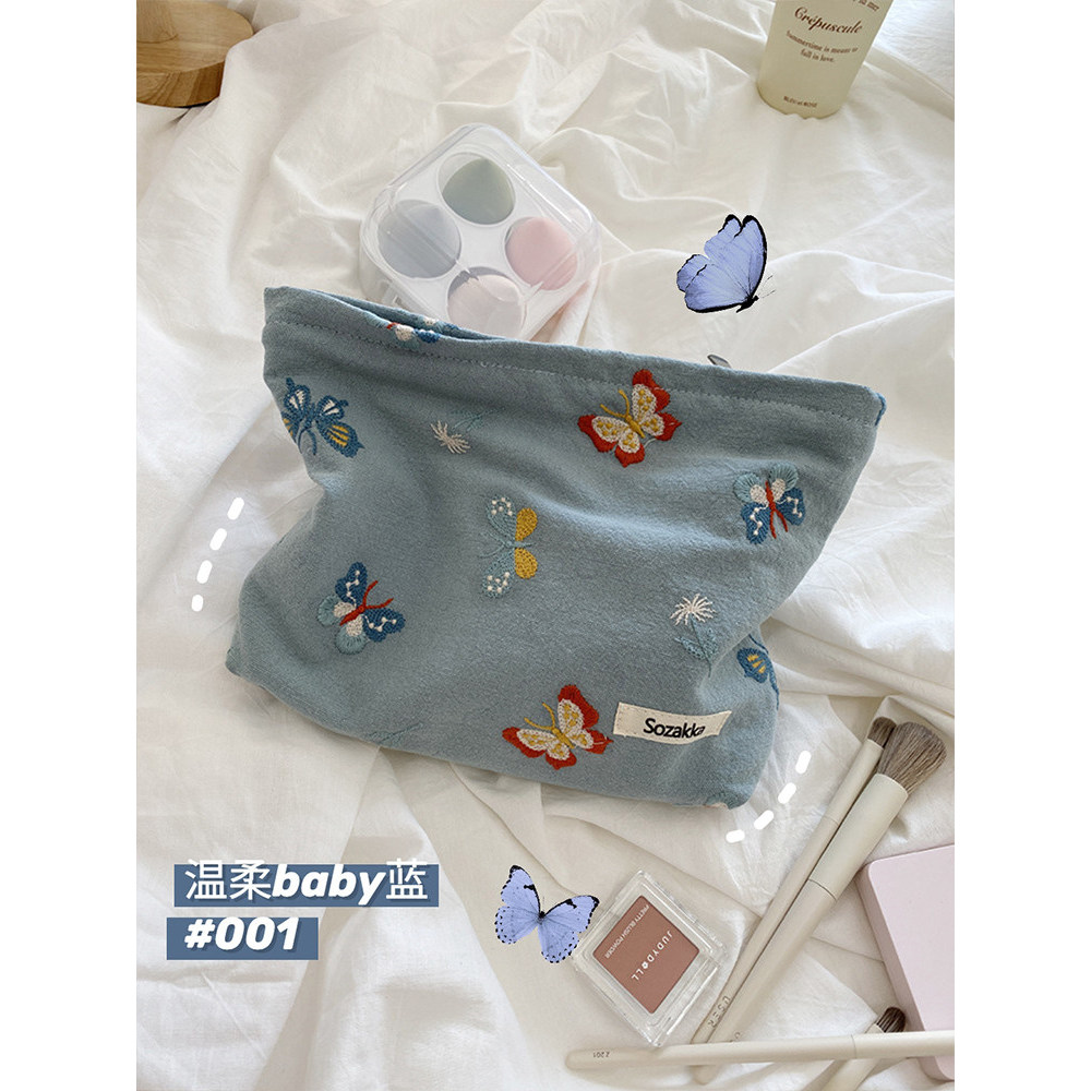 Pequeno coelho branco mesa saco cosmético coreano ins suave Azure requintado indústria pesada bordado borboleta saco de