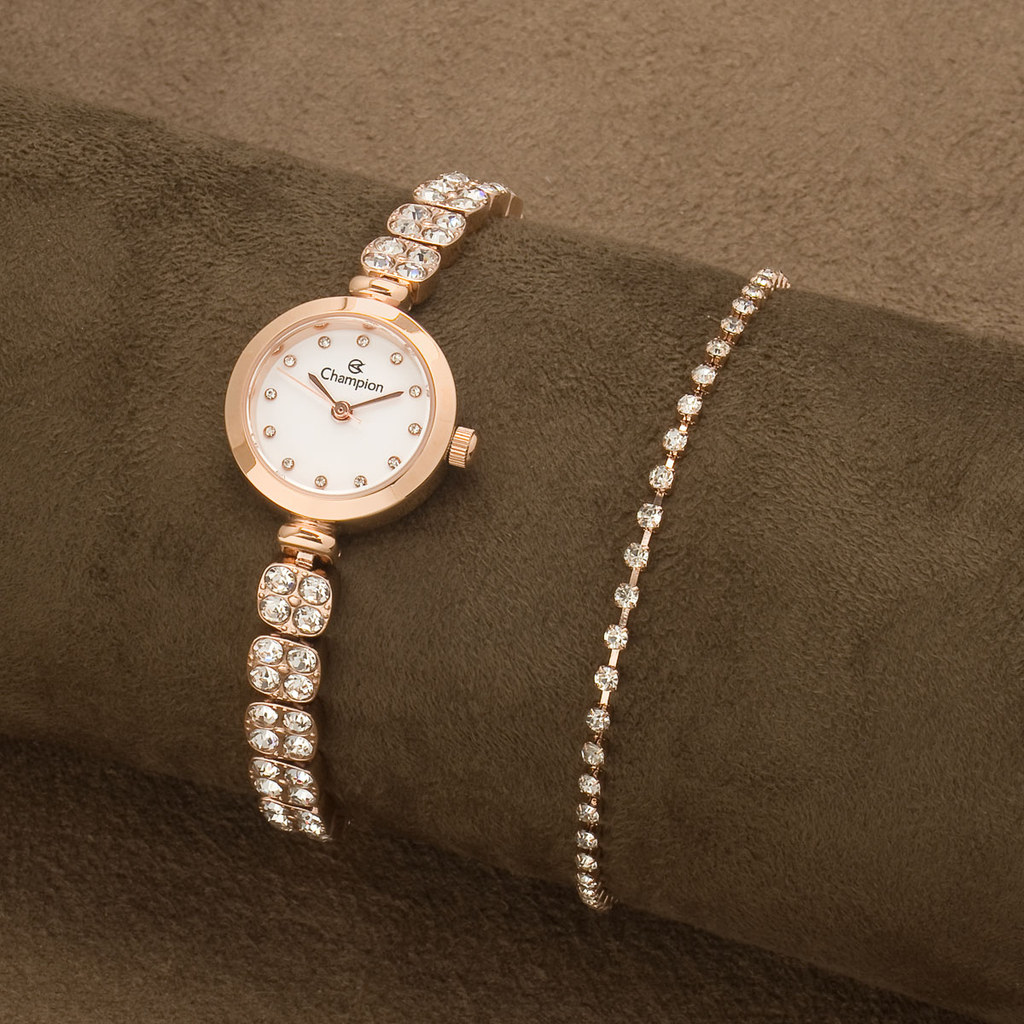 Relógio Feminino Champion Rose Gold Kit Pulseira e Brincos Riviera Luxo Original CF25090C