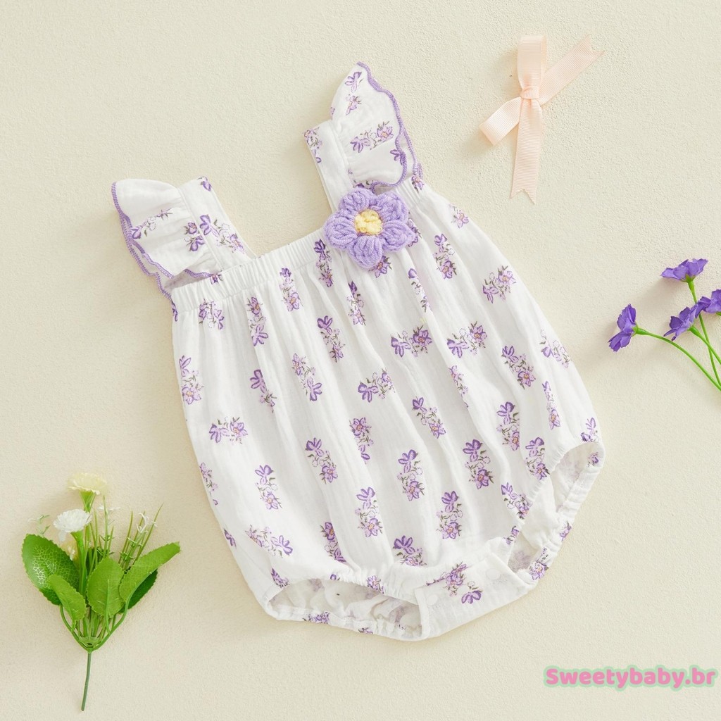 [CoRn] Body Bolha Floral Para Bebês Meninas Com Manga Voadora E Gola Quadrada Decoração De Flores 3D