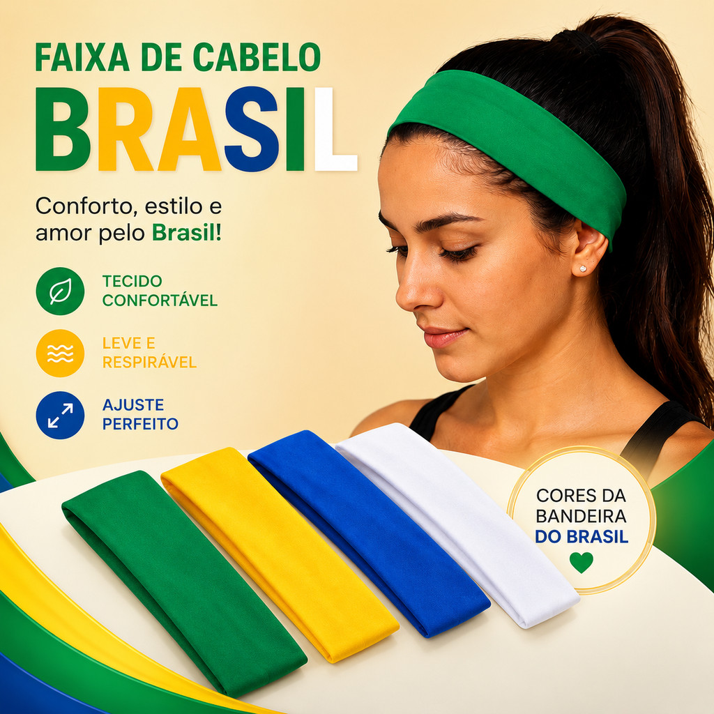 Kit Faixas de Cabelo Brasil Copa 2026 Verde Amarelo Azul Branco Torcida Esporte Penteados