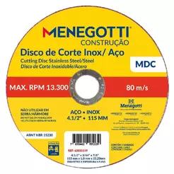 Disco de Corte Inox / Aço 115mm MDC (63030119) - Menegotti