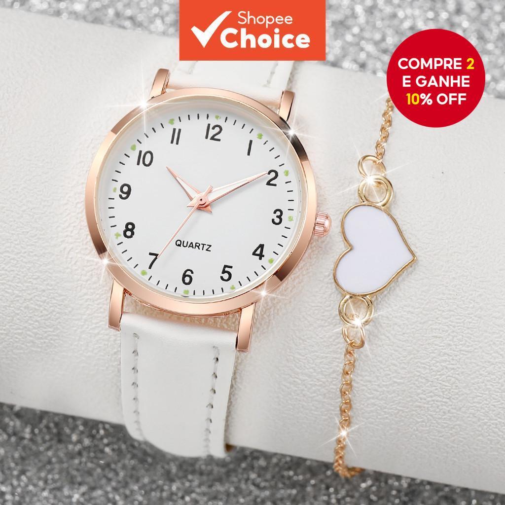Conjunto Elegante De Relógio Feminino E Pulseira De Coração Com 2 Peças-Quartzo Mostrador Árabe Couro