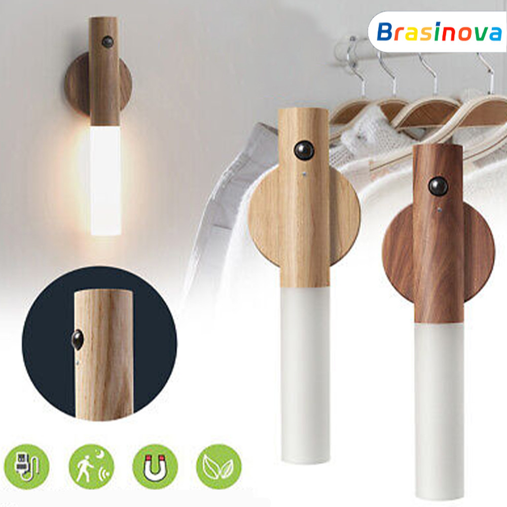 Luminaria Led Pratica Sensor Movimento Recarregavel Madeira Minimalista Magnetica Seguranca Iluminacao Noturna