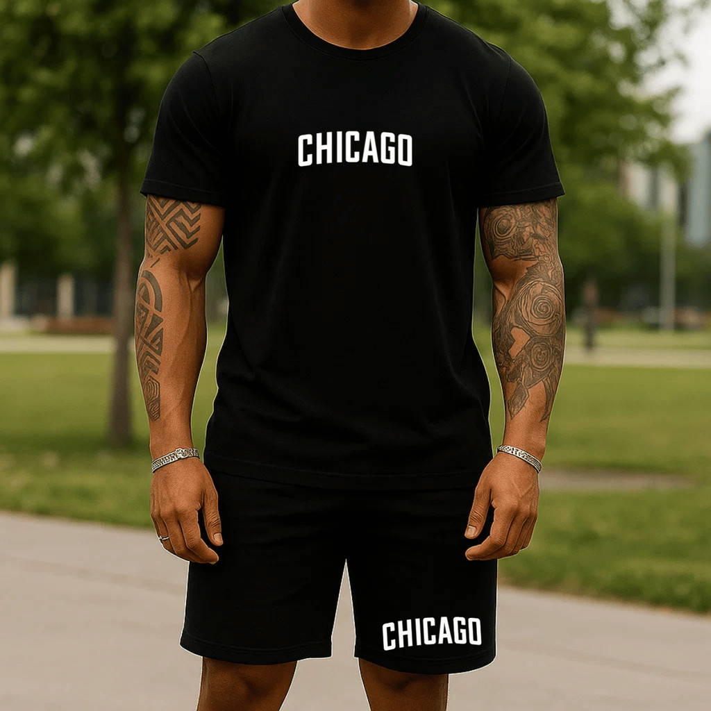 Conjunto Camisa e Bermuda Moletom 100% Algodão Verão Camiseta Blusa Short Estampado Chicago