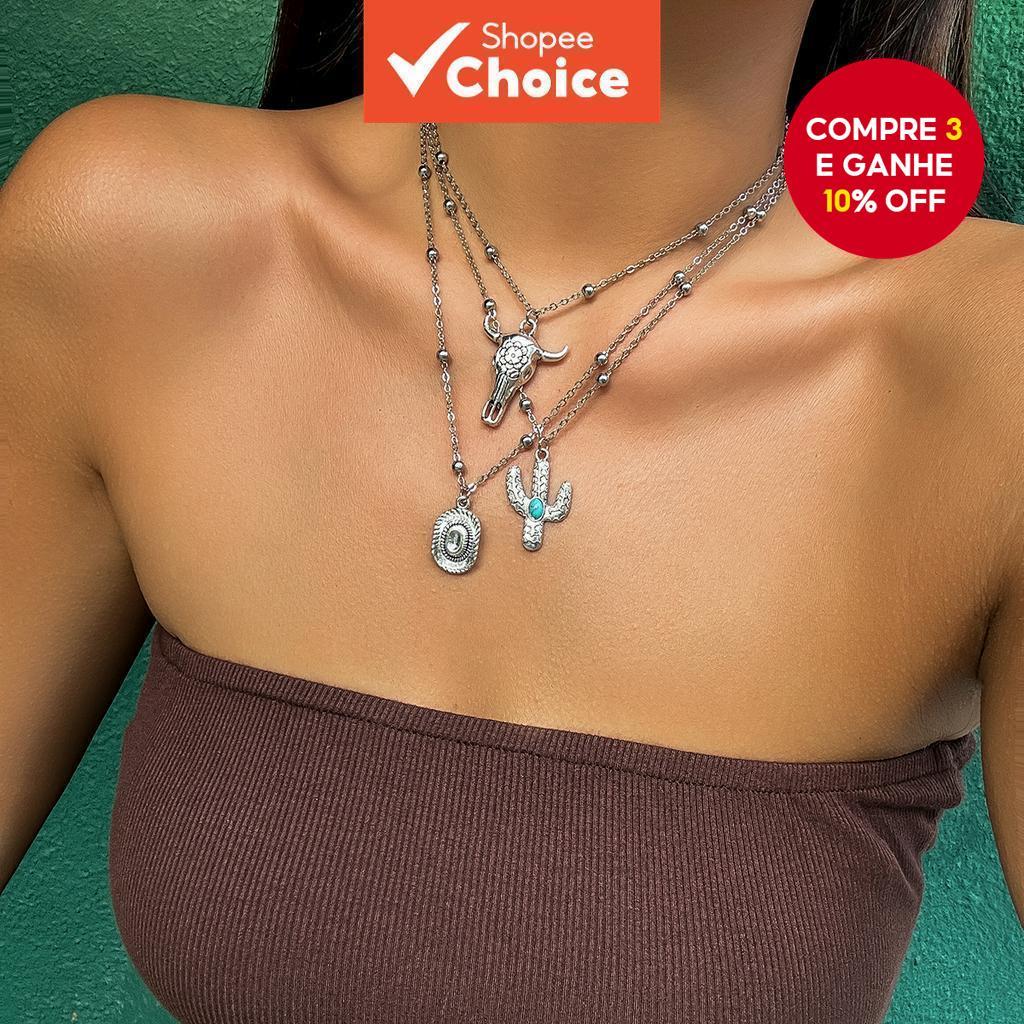 Conjunto De Colar Com Pingente De Cabeça De Vaca Vintage Separável De 3 Peças Para Mulheres-Correntes Em Camadas Da Moda
