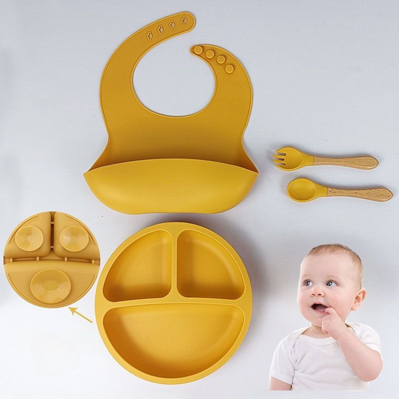 Talheres do Bebê 4 Pcs Talheres Silicone Infantil Com ventosa Colher Babador