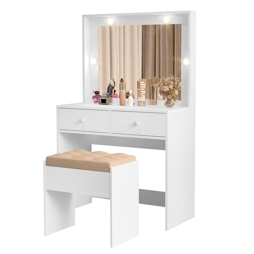 Penteadeira Livia Com 2 Gavetas Luz de LED e Banqueta