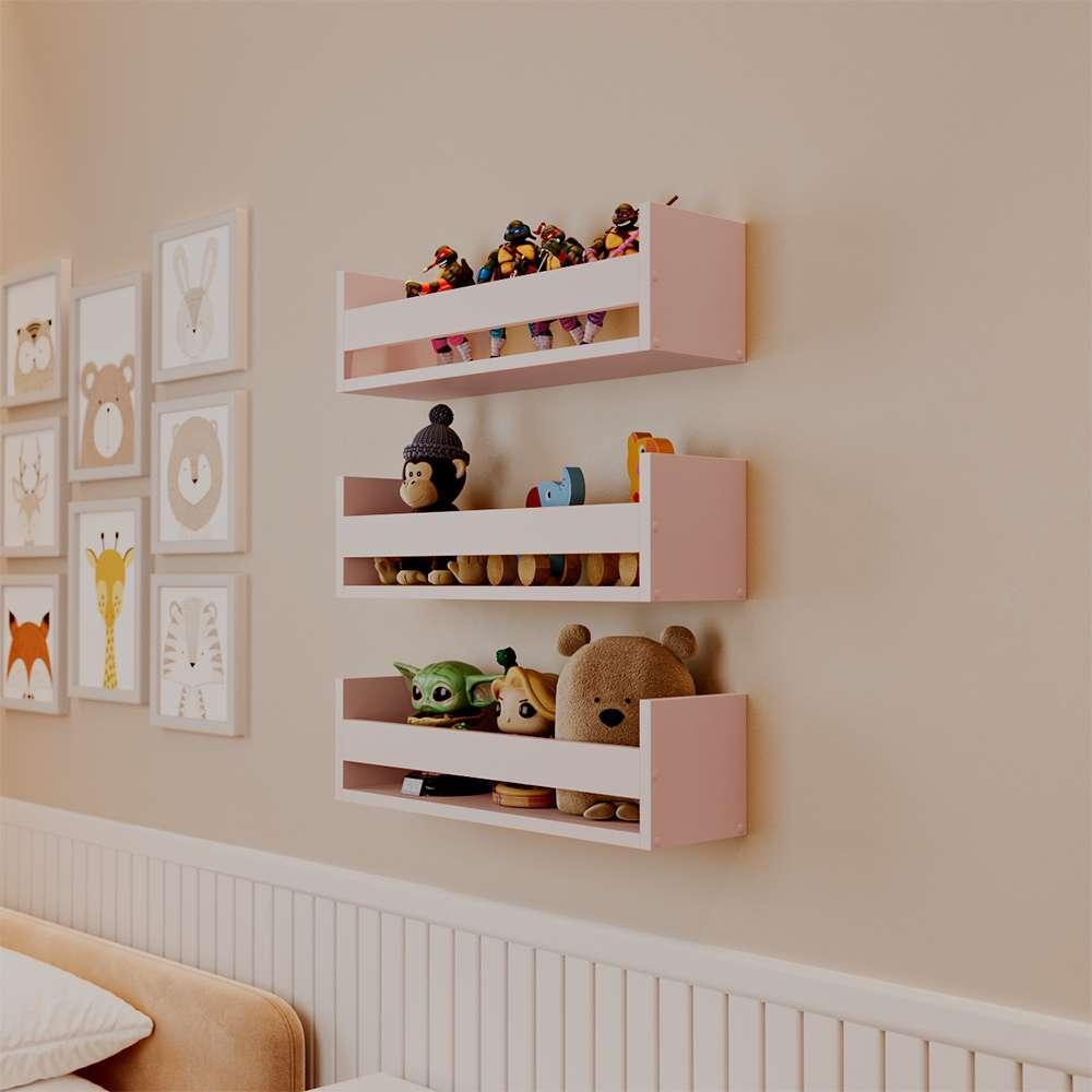 Kit 3 Prateleiras Porta Brinquedos Rosa 60 x 12cm Suporte Invisivel