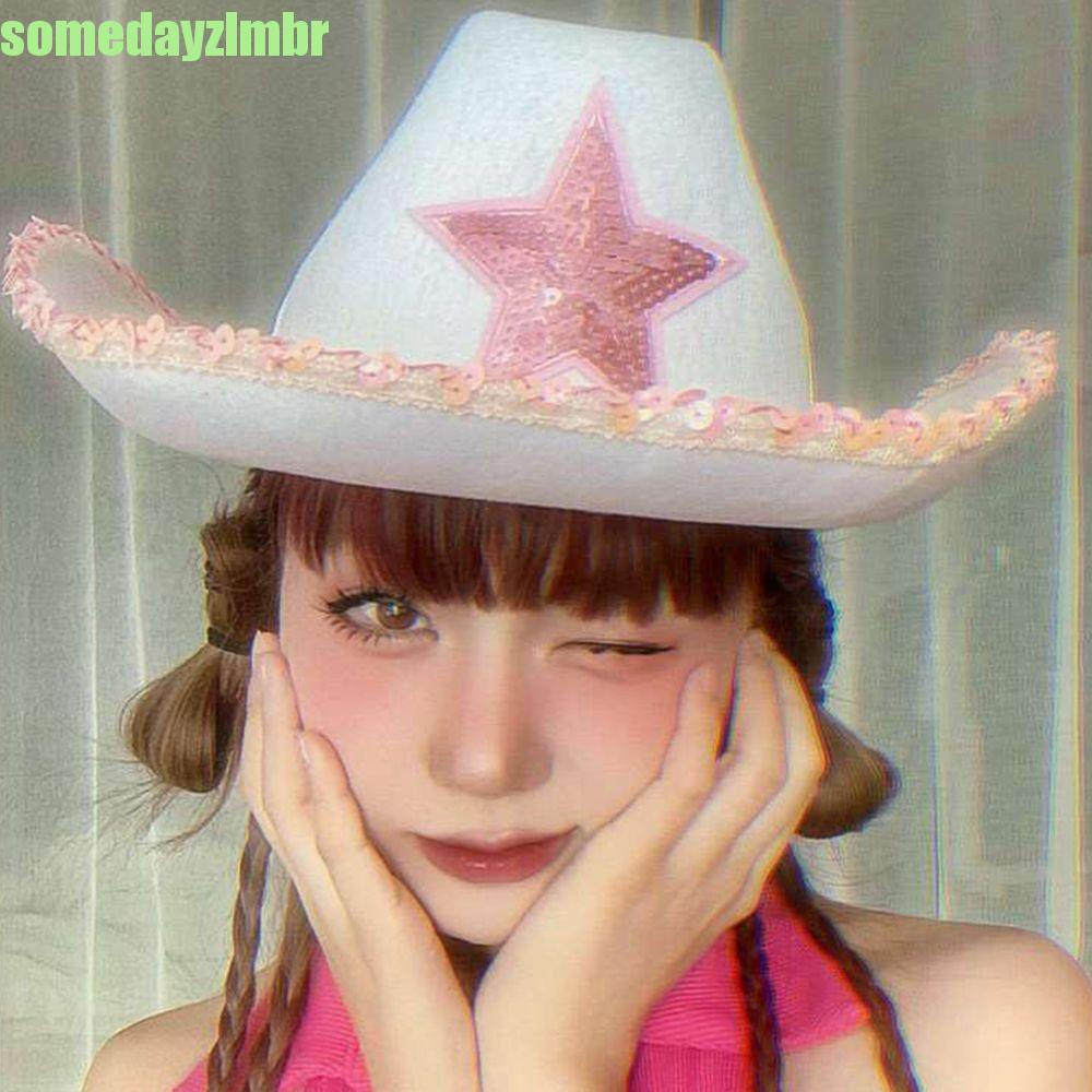 SOMEDAYZL0M Chapéu De Cowboy Branco Ajustável Rosa Estrela Vaca Lantejoulas À Prova De Vento Stetson
