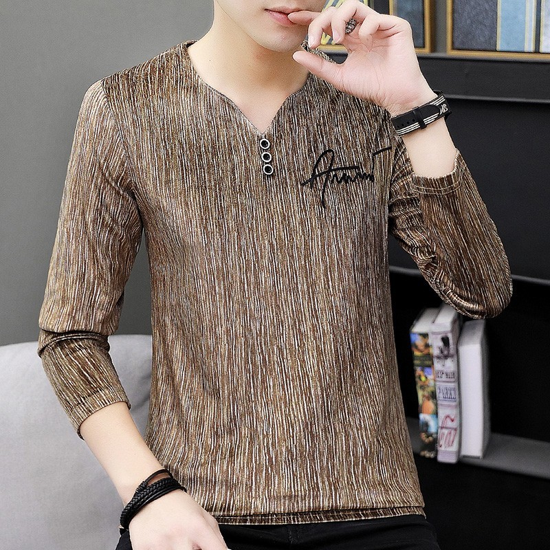 Primavera outono manga comprida camiseta masculina com decote em V ouro veludo outono roupas masculinas Bottoming roupas