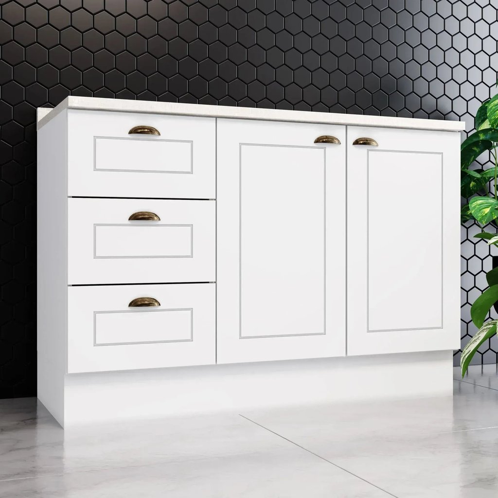 Balcão para Cozinha 3 Gavetas 2 Portas com Tampo Emily Branco/HP/Calcare Branco HP/Calcare