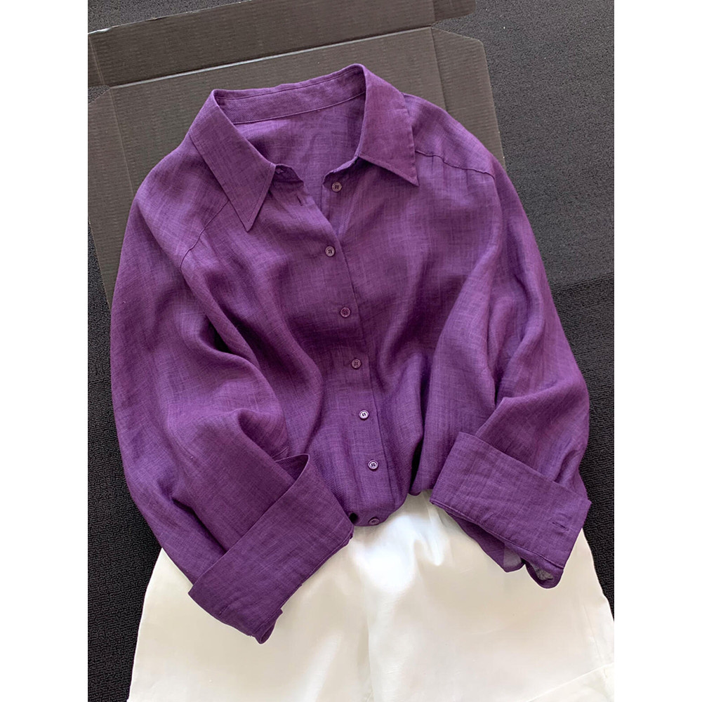 O corpo superior é uma vida incrível ~!Camisa Ramie de lapela roxa estilo dinheiro antigo Camisa de viagem no início da