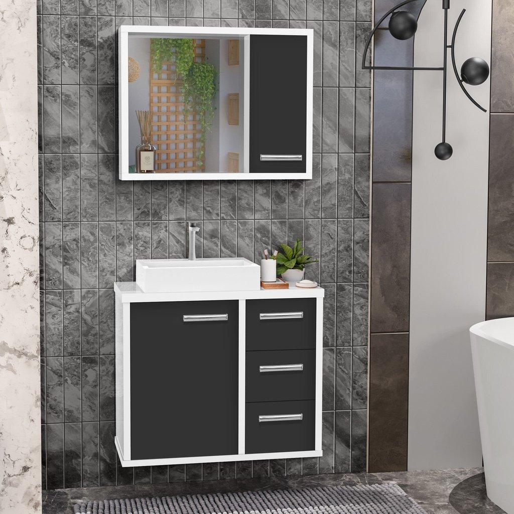 Gabinete para Banheiro com Cuba de Sobrepor e Espelheira 60cm Turin Branco/Preto