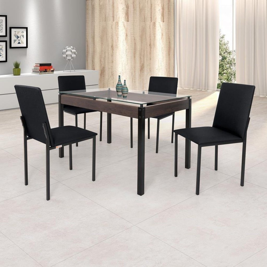 Conjunto Sala de Jantar Mesa Dubai 120x75cm Tampo Vidro com 4 Cadeiras Preto/Linho Preto/Linho Preto