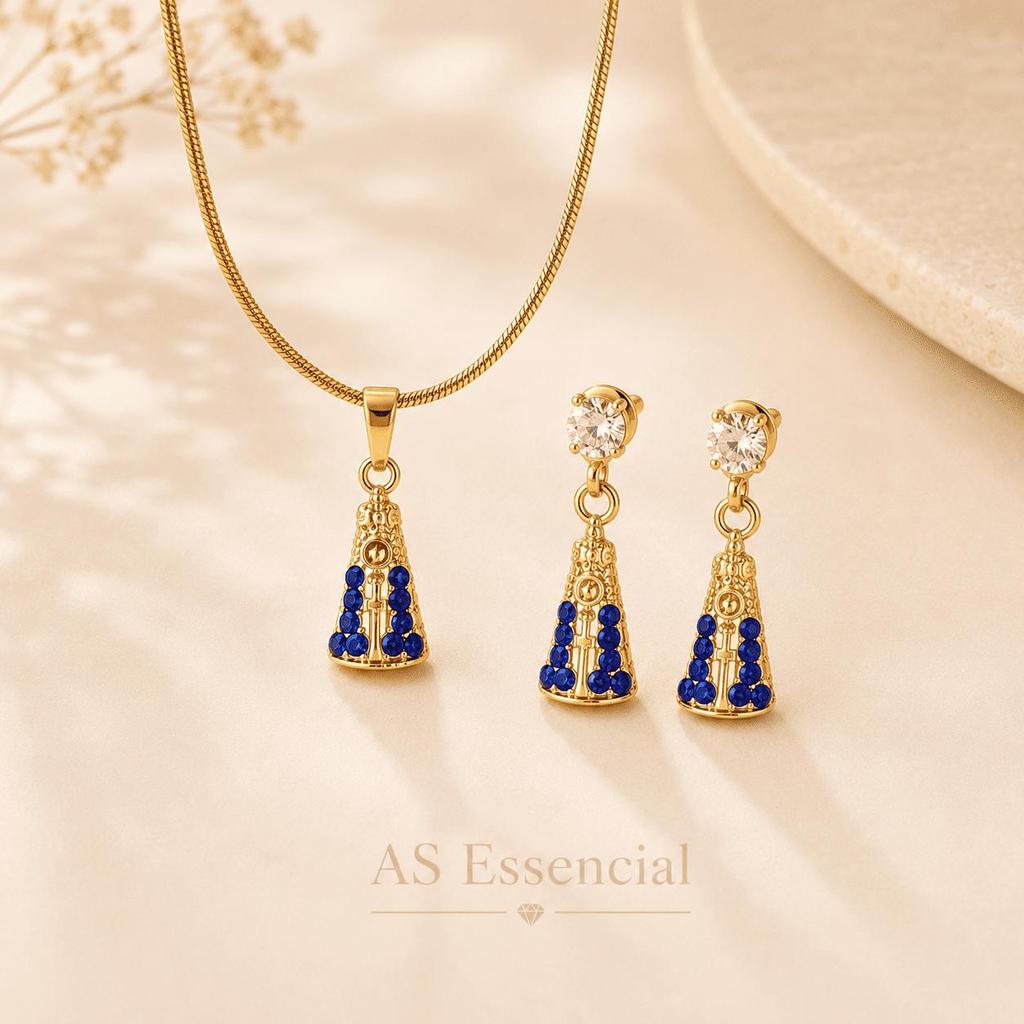 Conjunto Semijóia Nossa Senhora Aparecida Folheado | Colar + Brincos Delicados Zircônias Azul Escuro