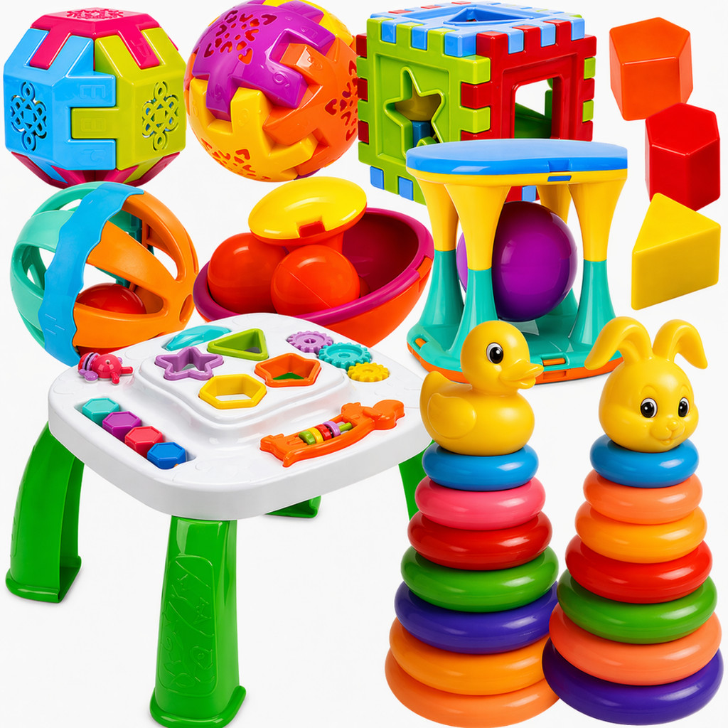 Kit Brinquedos Didáticos Divertidos Mesa Sensorial Cubos Esfera Chocalho Torre De Argolas Diversão Infantil