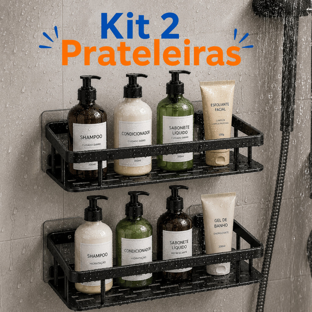 Prateleira Banheiro 1/2 Unidades Sem Furo Organizador Box Shampoo Alumínio Preto