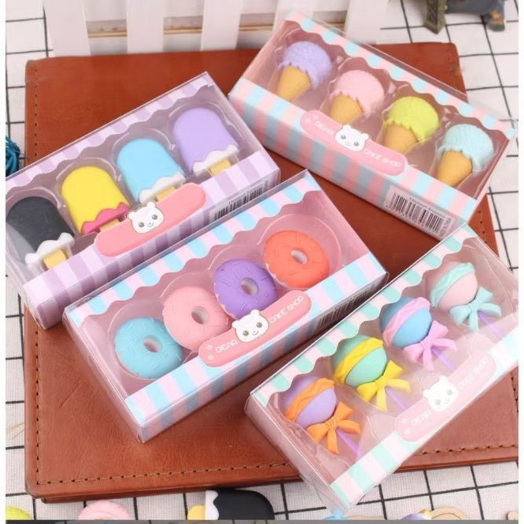 Kit com 4 Borrachas Formato de Sorvete/Picolé/Rosquinha Doces Infantil Para Crianças e Adulto em Oferta na Shopee