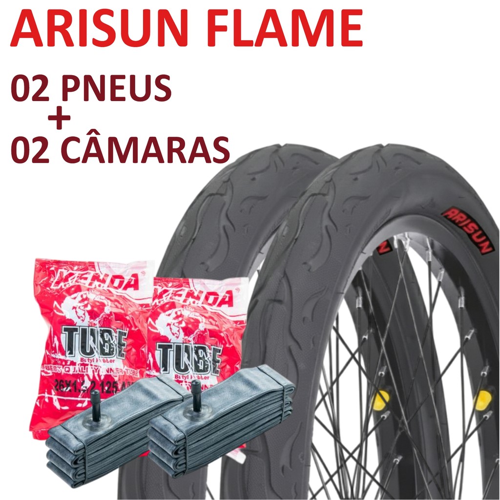 02 Unidades Pneu Arisun Flame 26x2.125 + 02 Unidades Câmara Kenda Tube Schrader Bicicleta Aro 26 26x1.90 Bico Grosso