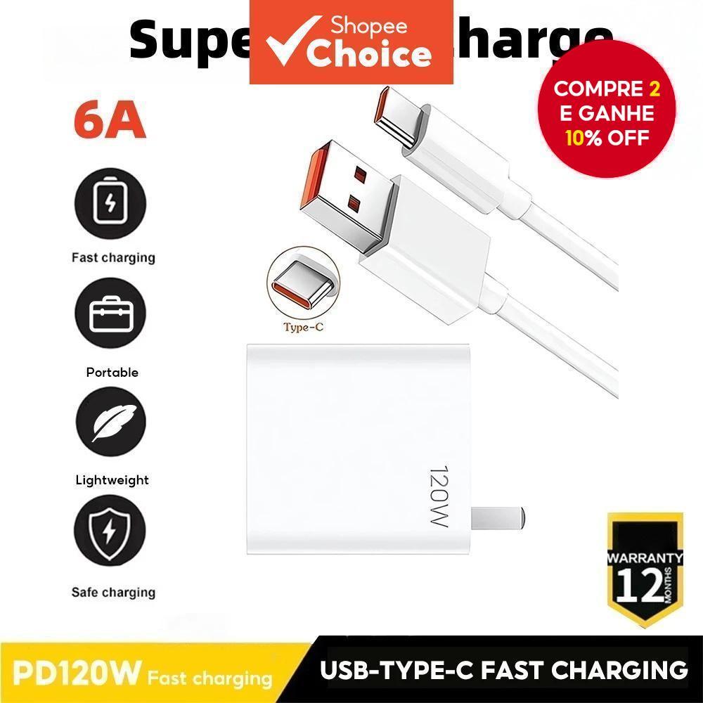 Cabo de Carga Type C 1/1.5/2M 120W 6A Super Rápido para Xiaomi, Redmi, Honor, Oppo e Vivo