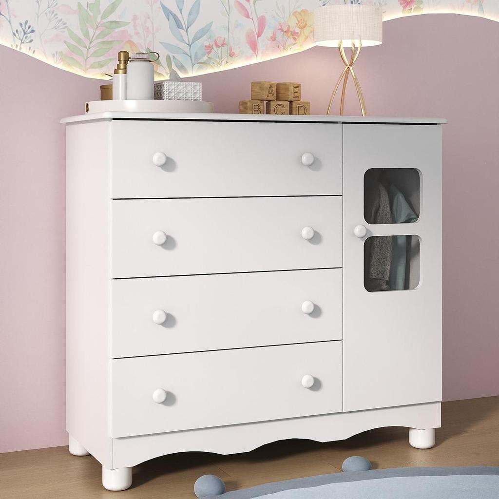 Cômoda Infantil para Bebê 95 cm 1 Porta com Vidro e 4 Gavetas Luna Multimóveis MP4414
