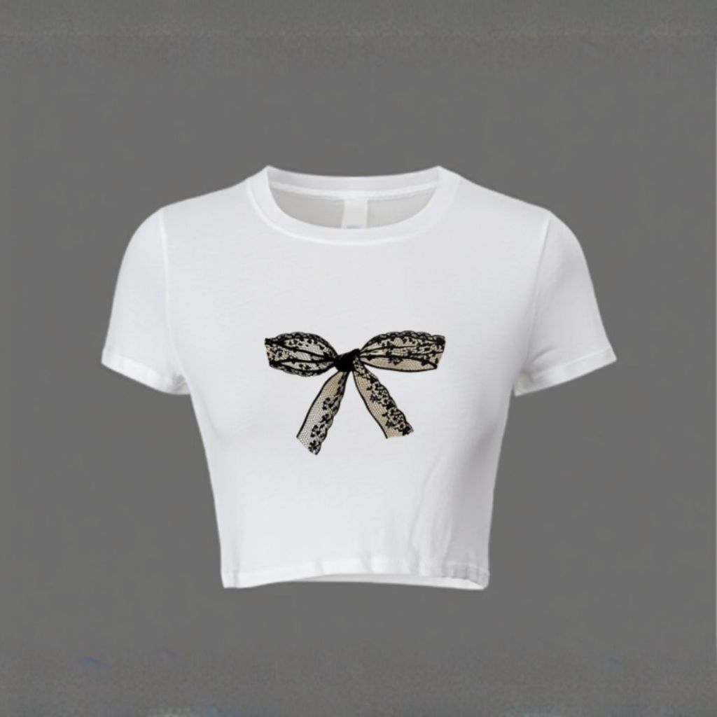Camiseta Cropped Feminino Casual Moda Coquette Lacinho De Renda