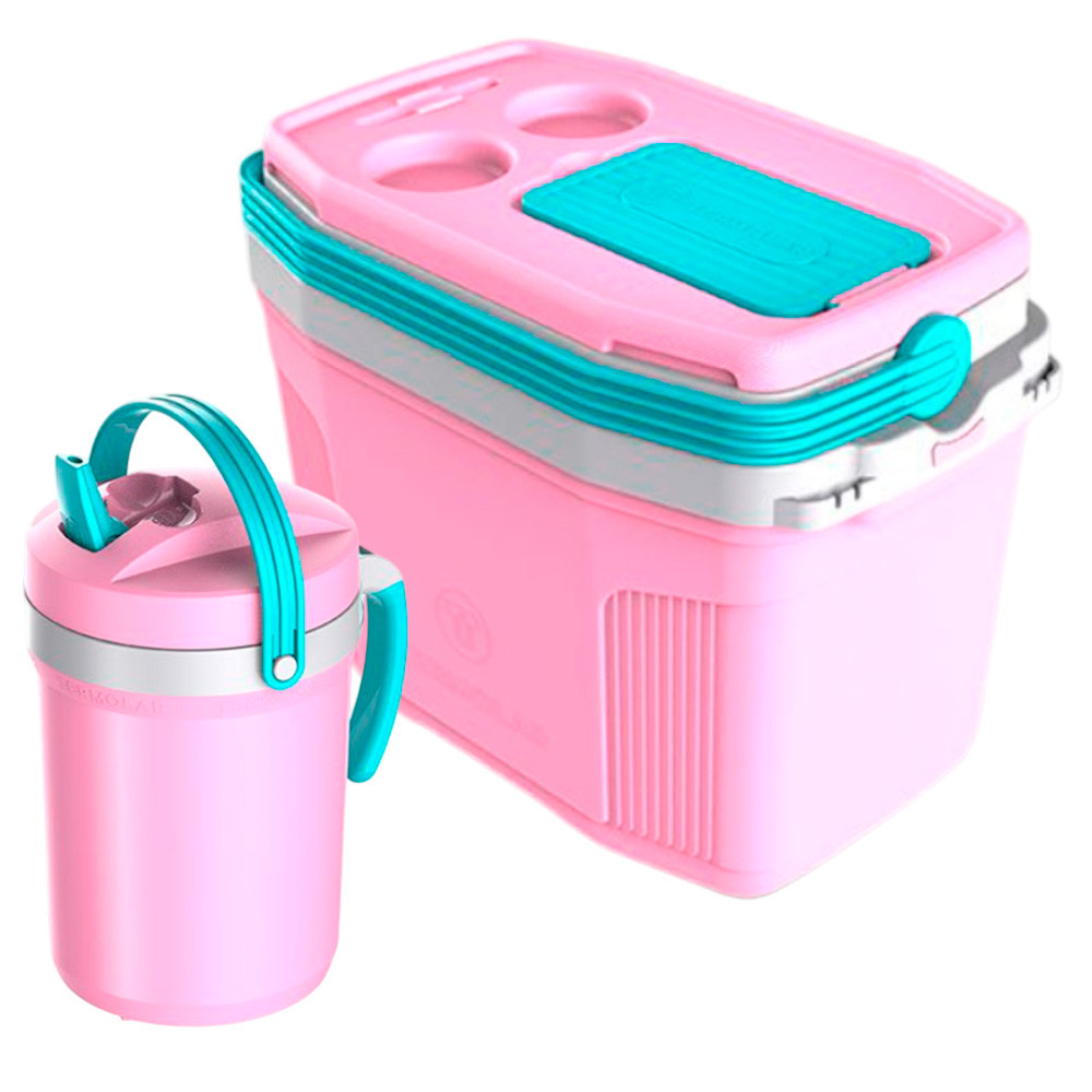 Kit Rosa Termolar Caixa Cooler Térmico 20 Litros com Jarra Térmica Flip Top 2.5 Litros em Oferta na Shopee