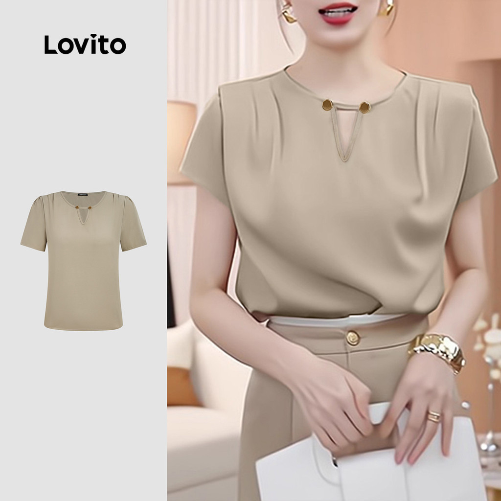 Lovito Blusa Casual Plissada Primavera/verão Blusa Khaki para Mulheres L164ED1028 em Oferta na Shopee