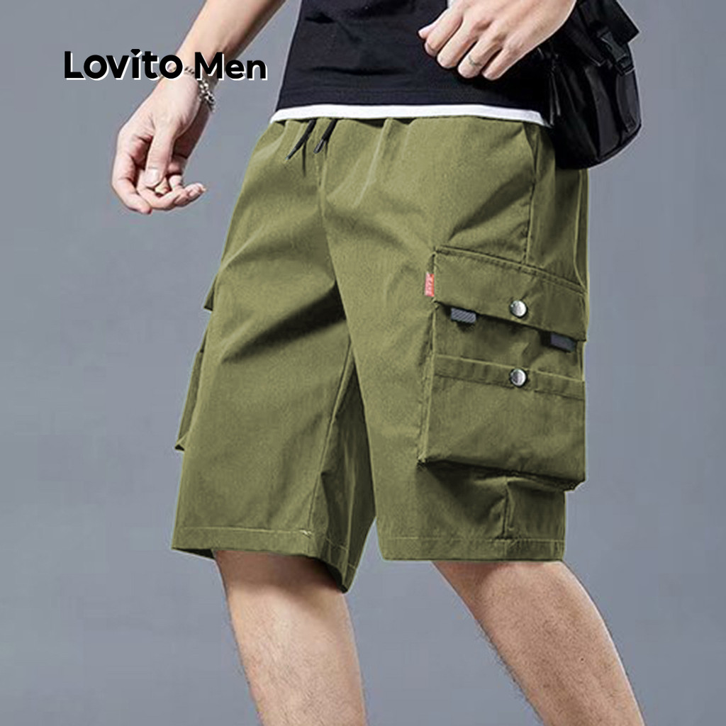 Detalhes do Lovito Shorts Casuais Masculinos com Bolso Verde Militar Primavera Verão LNE122154