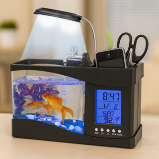 Relógio Digital Aquário e Luminária USB Luz LED Termômetro Porta-Canetas para Mesa Escritório em Oferta na Shopee