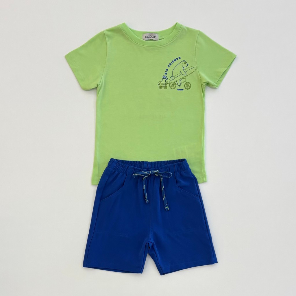 Conjunto Infantil Menino Luc.Boo Camiseta Verde e Bermuda Azul Verão Moda Kids 87295