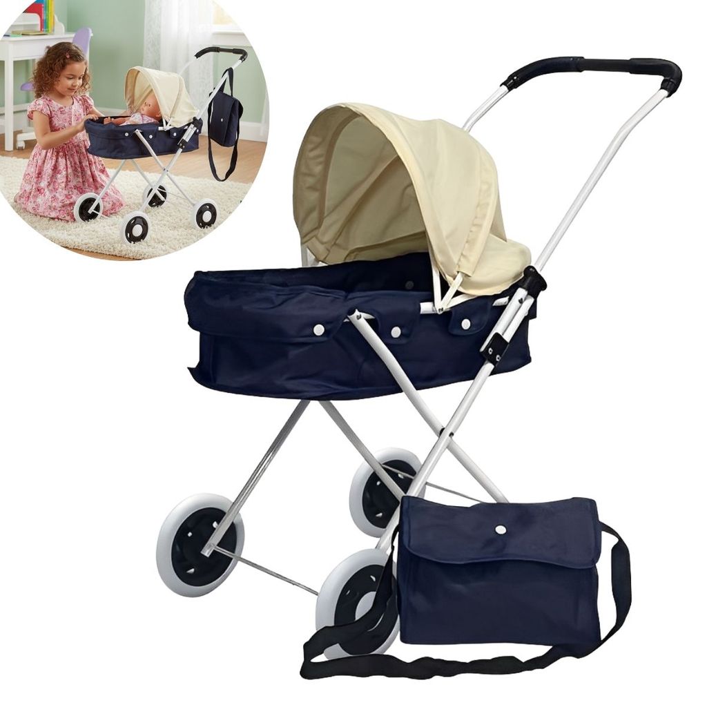 Carrinho de Boneca Infantil Resistente Com Bolsa Azul Ideal Para Passeios e Brincadeiras Seguras com Bonecas