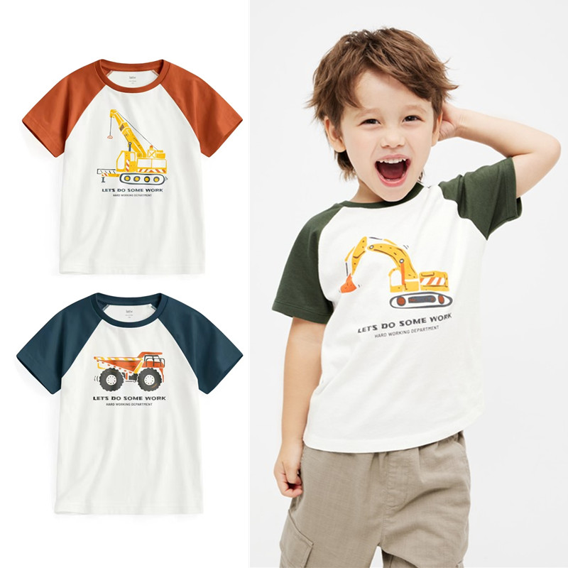 Verão meninos caminhão de engenharia puro algodão manga curta camiseta crianças dos desenhos animados escavadeira caminh