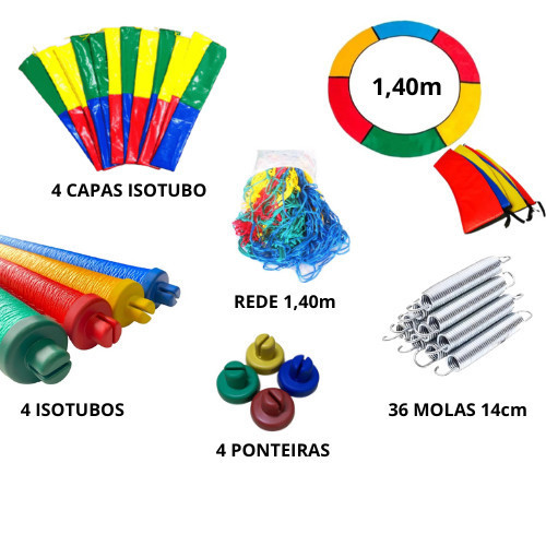 Kit Completo Cama Elástica 1,40m – Molas + Protetor de Molas + Rede + Isotubos + Capas + Ponteiras