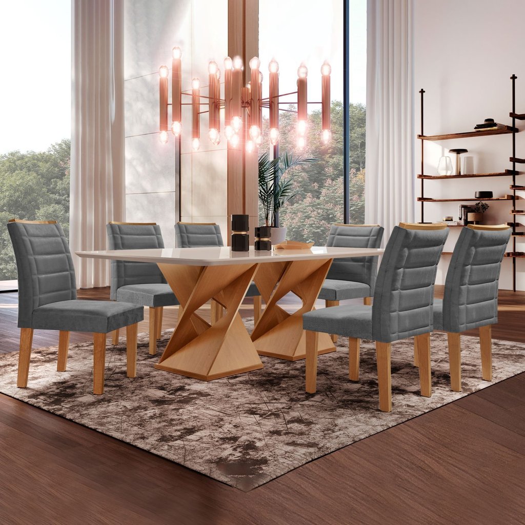 Conjunto Sala de Jantar Genova Tampo Vidro/MDF com 6 Cadeiras Genova Smart Plus Cinamomo/Off White/Grafite